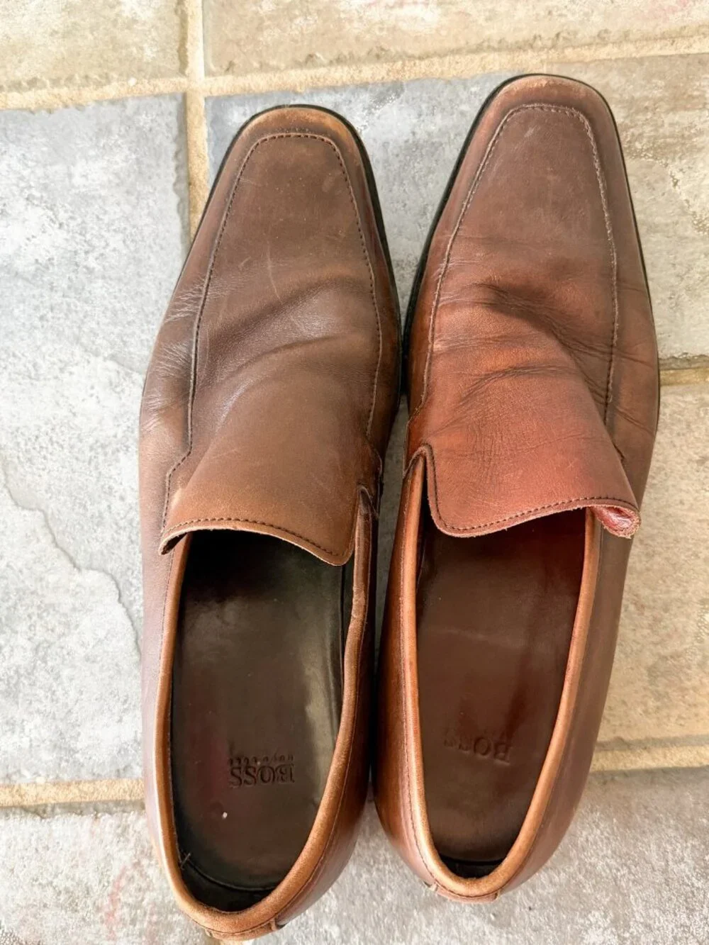 Hugo Boss Brown Leather Loafers Mens 9 Slip On Square Toe Dress Shoes